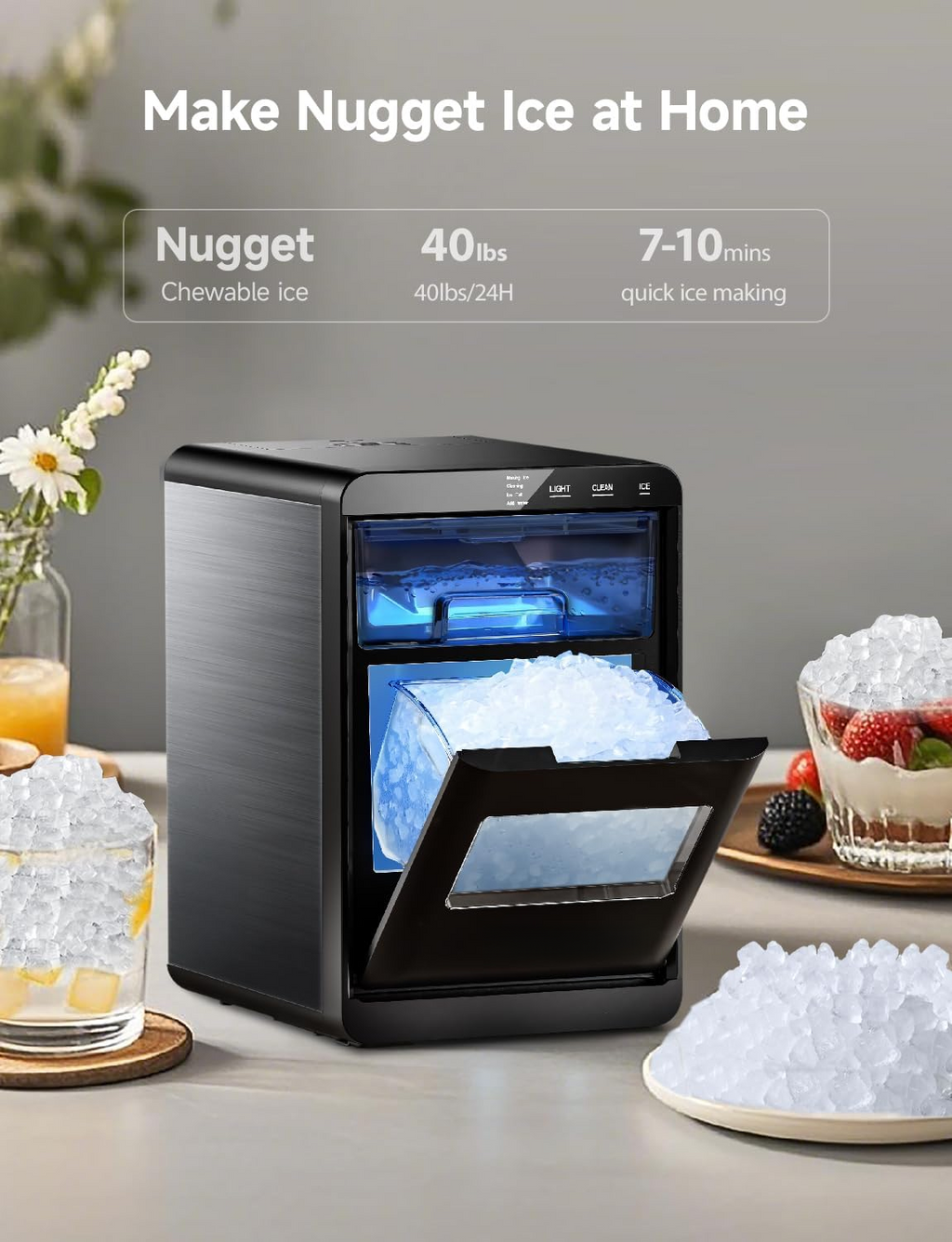 40Lbs/24H Nugget Ice Maker Countertop, Self-Cleaning Pebble Ice Machine with Ice Scoop & Basket for Home, Kitchen & Office