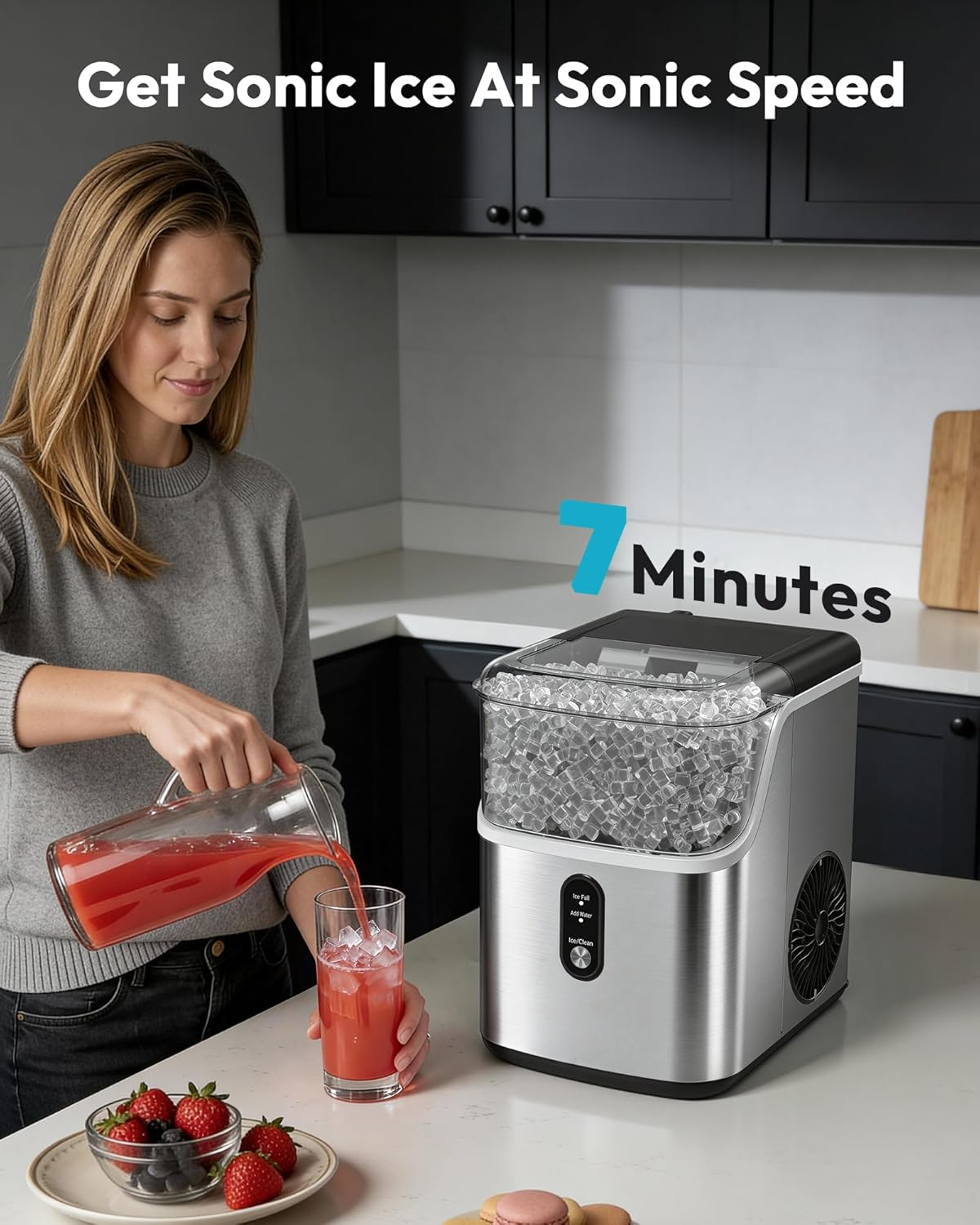 35Lbs/24H Nugget Ice Maker Countertop, Ready in 7 Mins, Self-Cleaning Pebble Ice Machine with Scoop & Basket