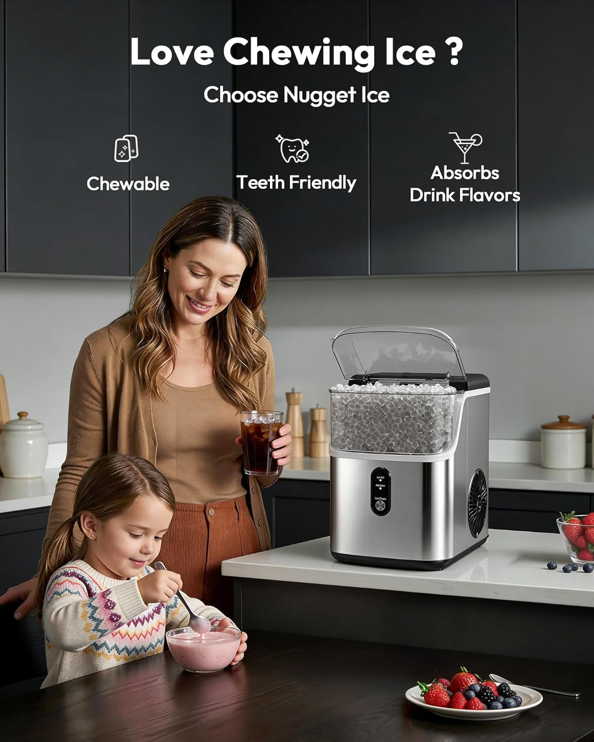 35Lbs/24H Nugget Ice Maker Countertop, Ready in 7 Mins, Self-Cleaning Pebble Ice Machine with Scoop & Basket