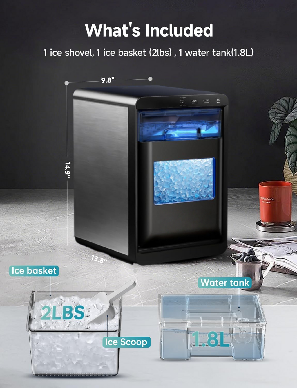 40Lbs/24H Nugget Ice Maker Countertop, Self-Cleaning Pebble Ice Machine with Ice Scoop & Basket for Home, Kitchen & Office